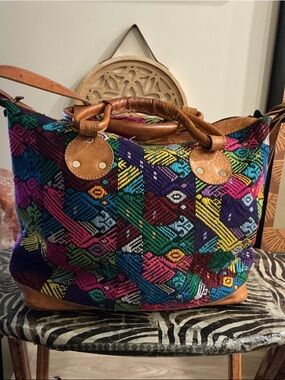 Guatemala Leather Artisan Huipil Medium Convertible Day Bag Purse